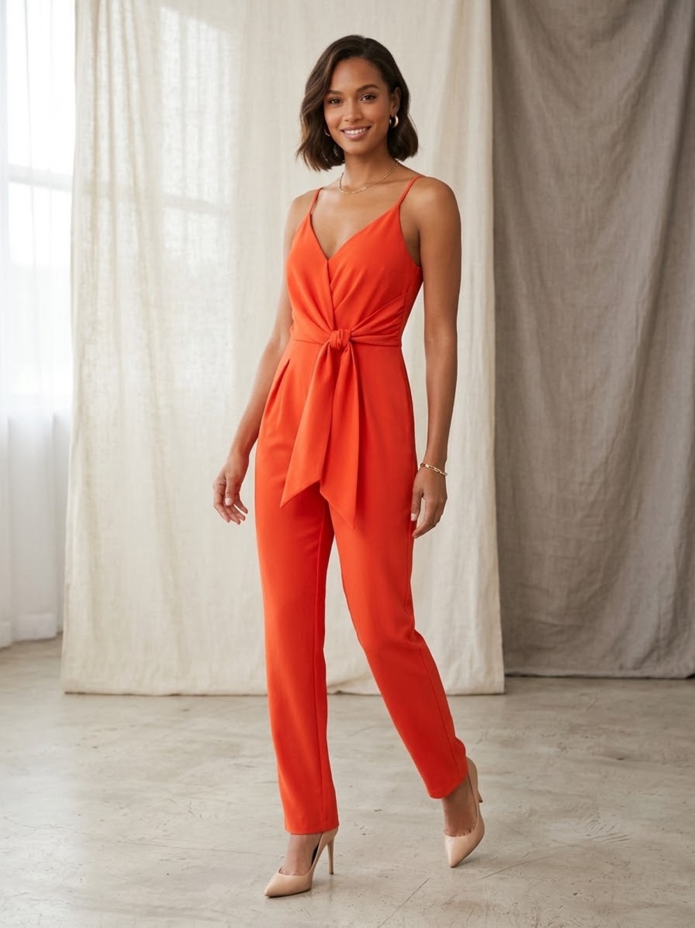 Mustard Seed Orange Tie-Waist Spaghetti Strap Jumpsuit